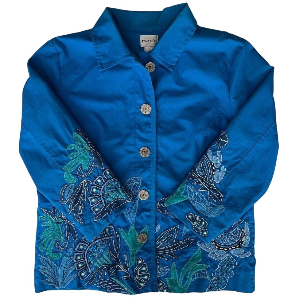 Chico's Vintage Blue Floral Blazer Jacket, Colorful Vintage Jackets Blue Vint I4
